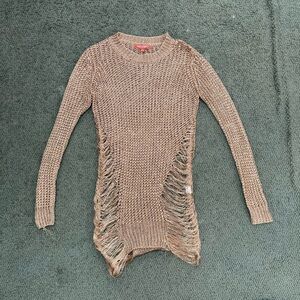 Gold Metallic Distressed Knit Sweater